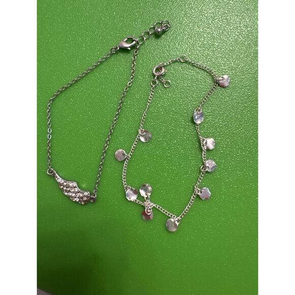 Lot of 2 Bracelets Charms Wing Costume Jewelry Layered Silver Rhinestone Trendy - Picture 1 of 2